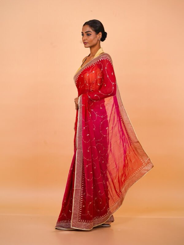 Magenta & Red Chiffon Saree - Image 2