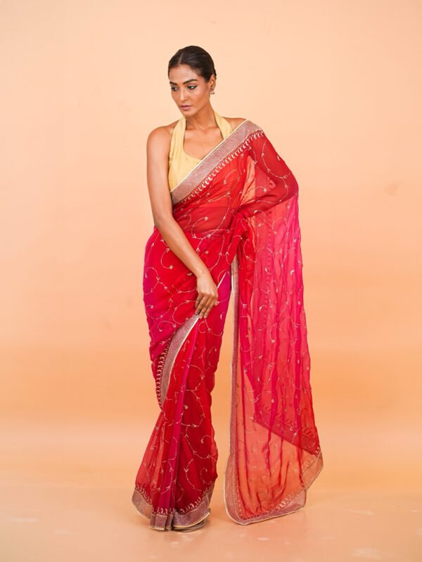 Magenta & Red Chiffon Saree - Image 4