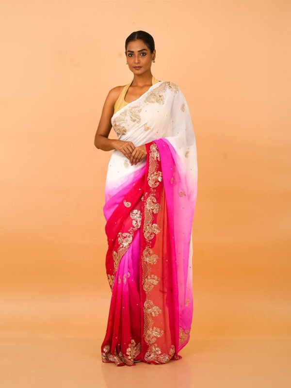 Red White and Hot Pink Shaded Chiffon Saree