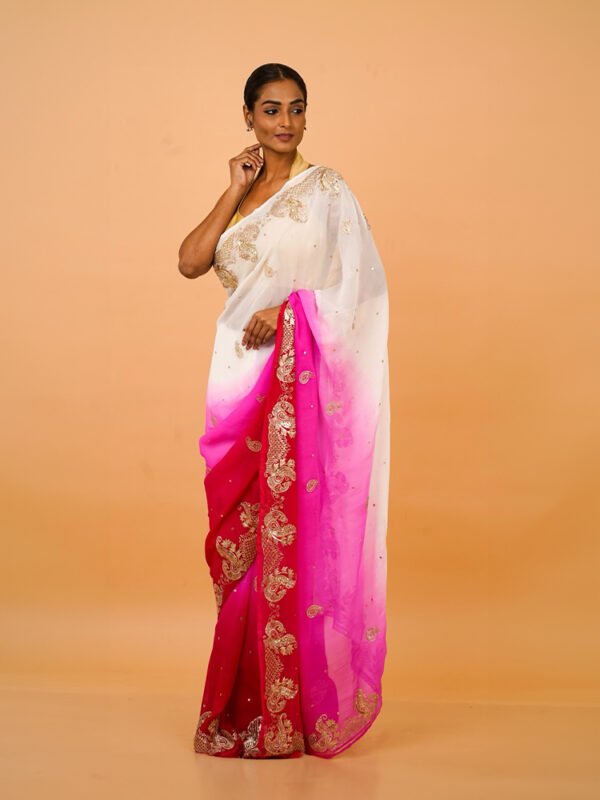Red White and Hot Pink Shaded Chiffon Saree - Image 2