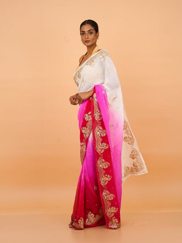 Red White and Hot Pink Shaded Chiffon Saree - Image 3