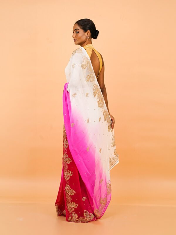 Red White and Hot Pink Shaded Chiffon Saree - Image 4