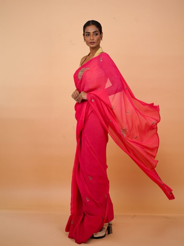 Carrot Red Chiffon Saree with zari and thread aari dabka work - Image 2