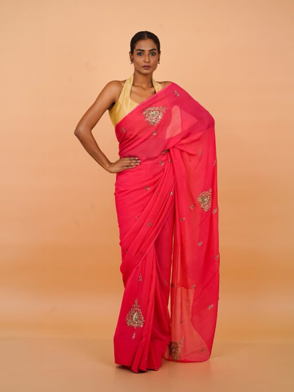 Carrot Red Chiffon Saree with zari and thread aari dabka work