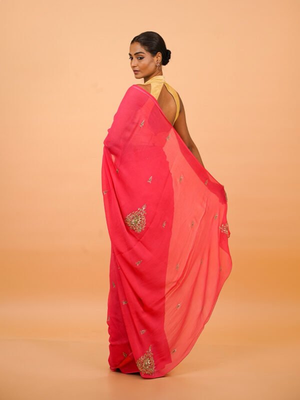 Carrot Red Chiffon Saree with zari and thread aari dabka work - Image 3