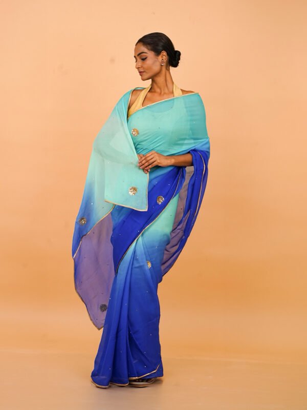 Royal Blue and Ferozi Pure Chiffon Saree with Peacock motifs - Image 3