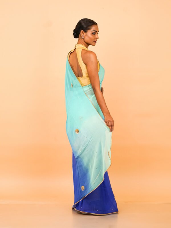 Royal Blue and Ferozi Pure Chiffon Saree with Peacock motifs - Image 2