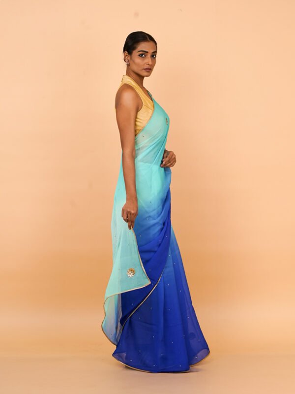 Royal Blue and Ferozi Pure Chiffon Saree with Peacock motifs