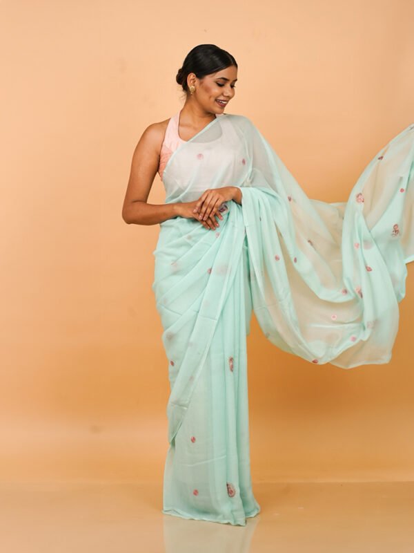 Sky Blue Chiffon saree with Paisley design - Image 2