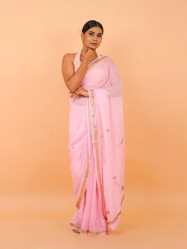 Baby Pink Chiffon saree with gota patti border - Image 2