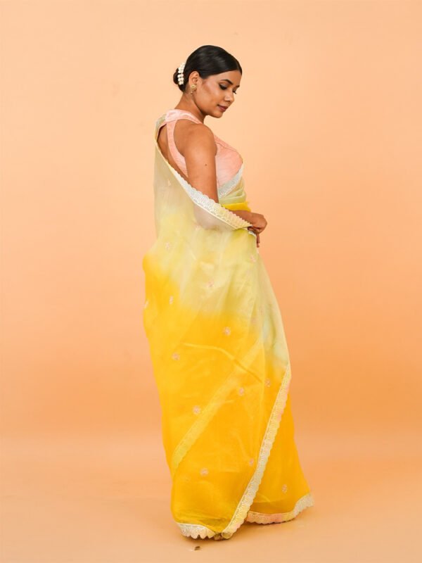 Lemon yellow and light green organza saree - Image 2