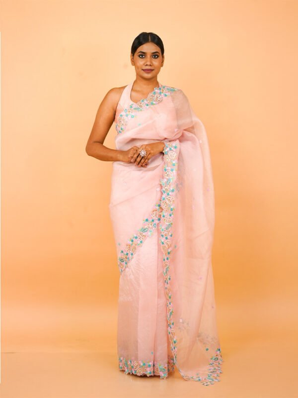 Baby Pink Organza Saree with Threadwork