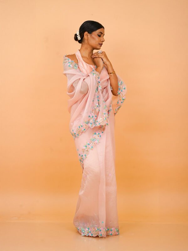 Baby Pink Organza Saree with Threadwork - Image 3