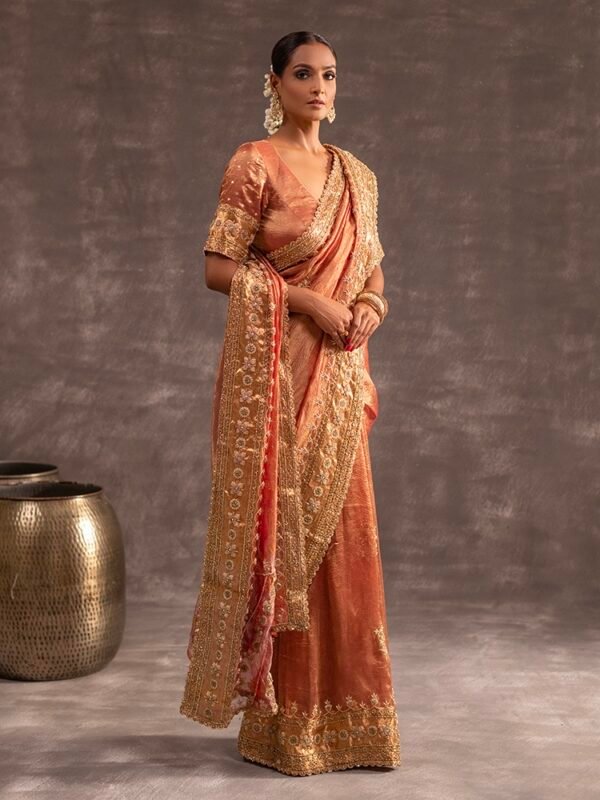 Rust Crushed Banarasi Silk Tissue saree