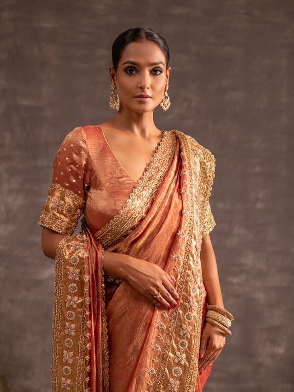 Rust Crushed Banarasi Silk Tissue saree - Image 2