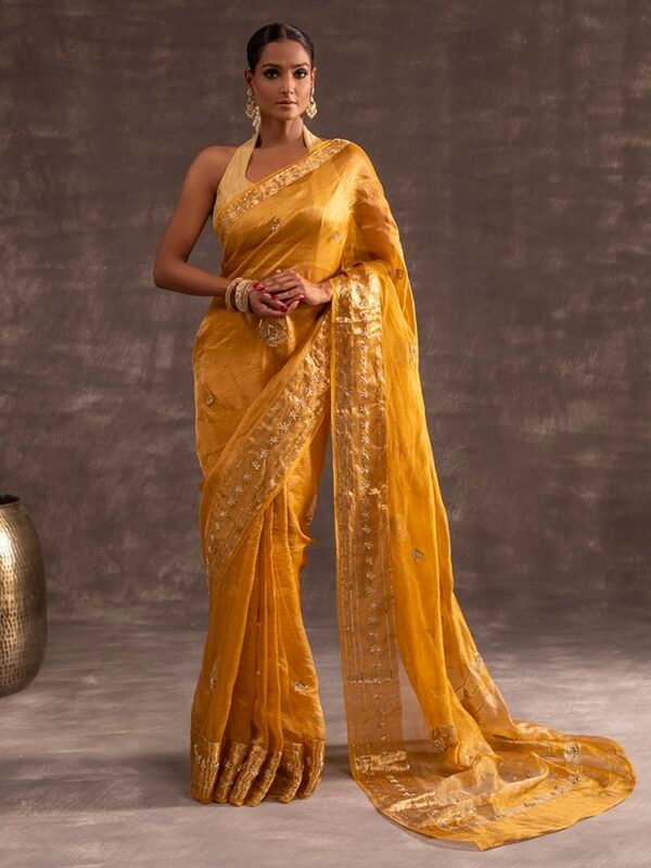 Mustard Crushed Lavender Banarasi Silk Tissue saree - Image 3