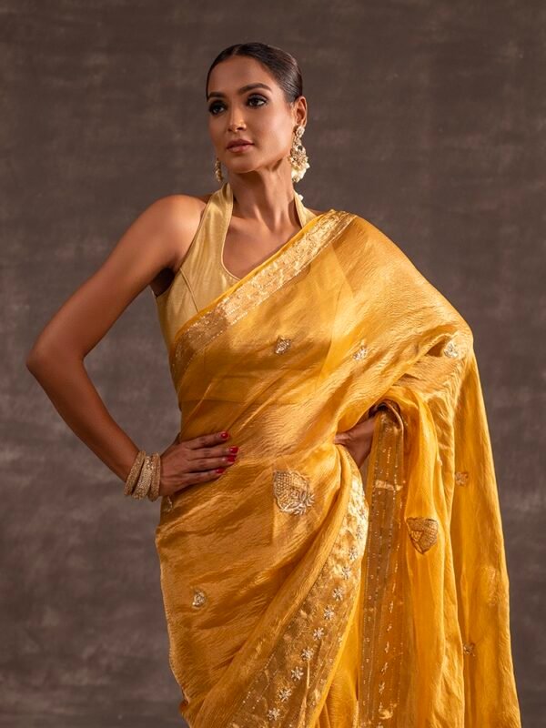 Mustard Crushed Lavender Banarasi Silk Tissue saree - Image 2