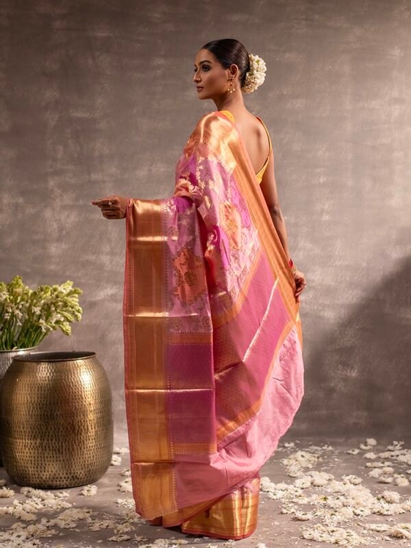 Coral & Pink Banarasi Silk Rangkat Saree - Image 3