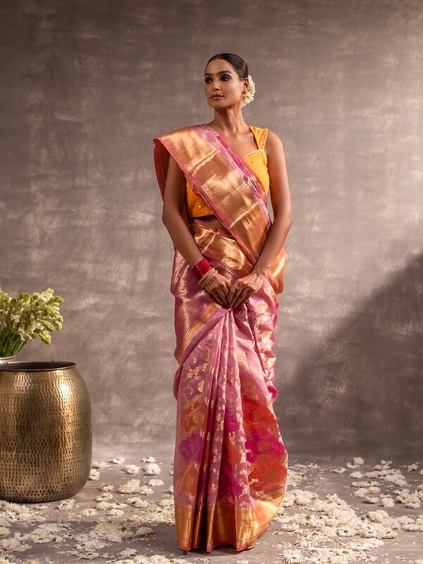 Coral & Pink Banarasi Silk Rangkat Saree - Image 2