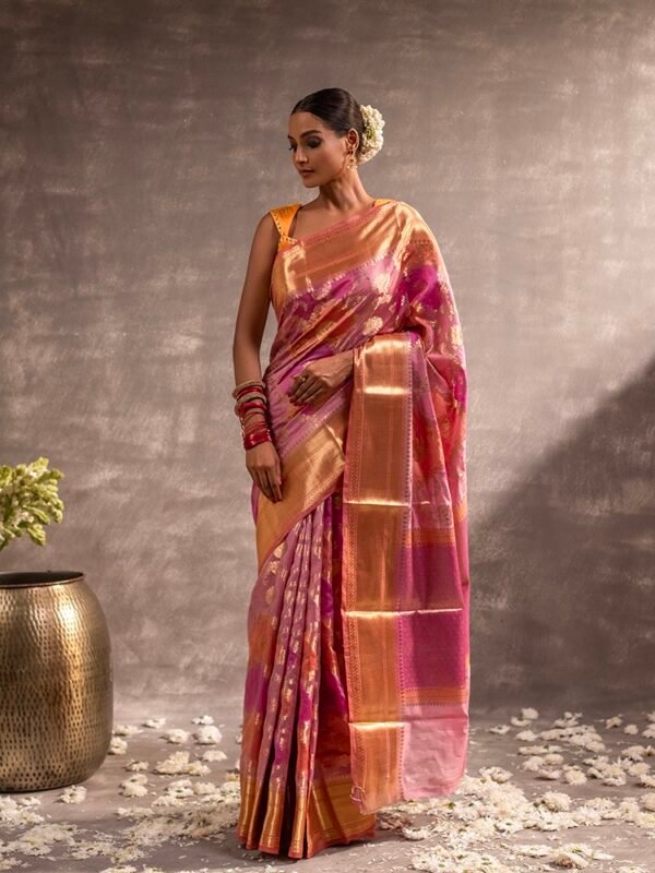 Coral & Pink Banarasi Silk Rangkat Saree