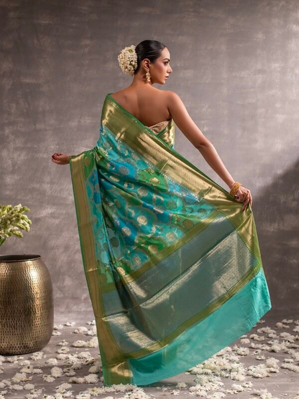 Blue Turquoise Banarasi Silk Rangkat Saree - Image 2