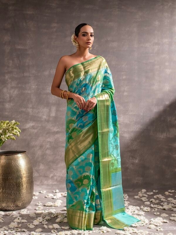 Blue Turquoise Banarasi Silk Rangkat Saree