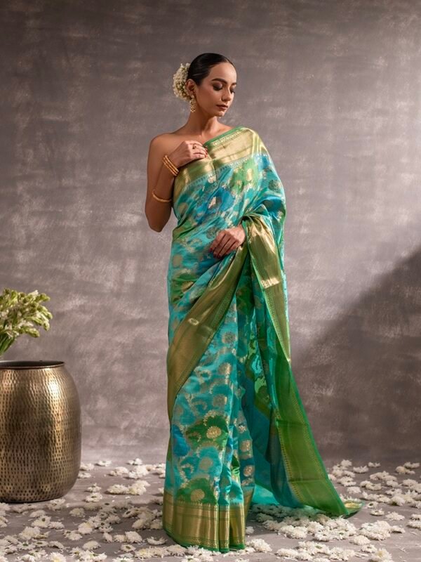 Blue Turquoise Banarasi Silk Rangkat Saree - Image 3
