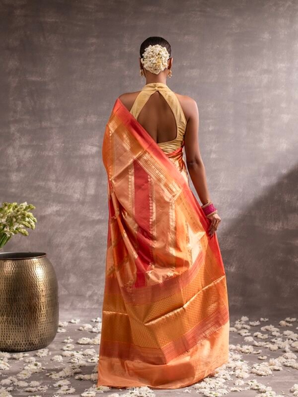 Coral Peach Orange Banarasi Silk Striped Rangkat Saree - Image 2
