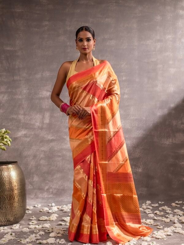 Coral Peach Orange Banarasi Silk Striped Rangkat Saree