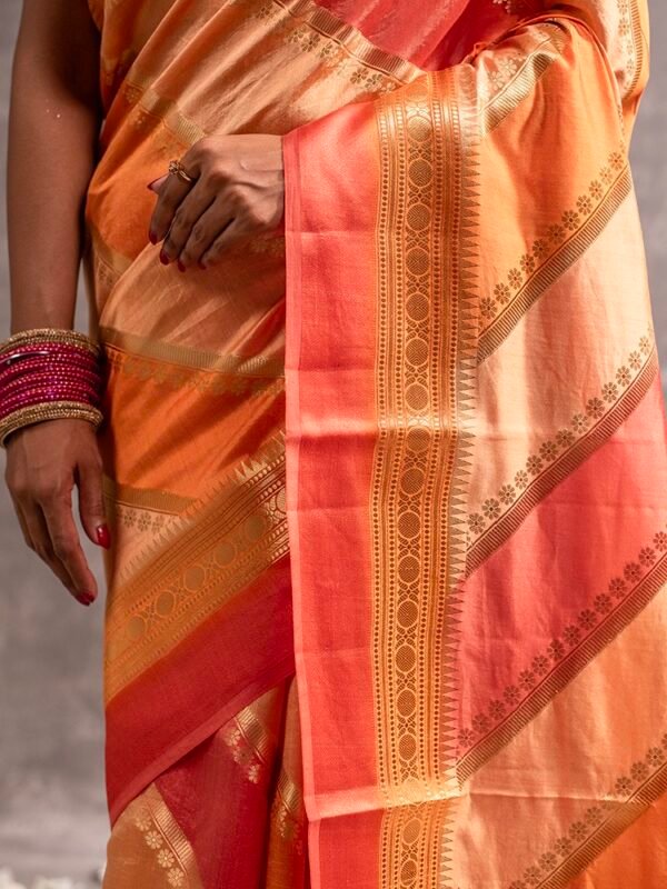 Coral Peach Orange Banarasi Silk Striped Rangkat Saree - Image 4