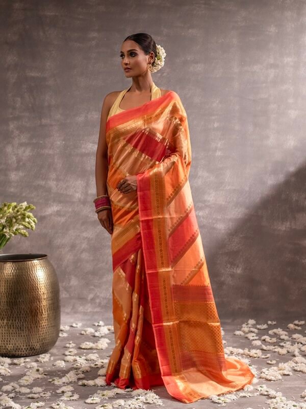 Coral Peach Orange Banarasi Silk Striped Rangkat Saree - Image 3