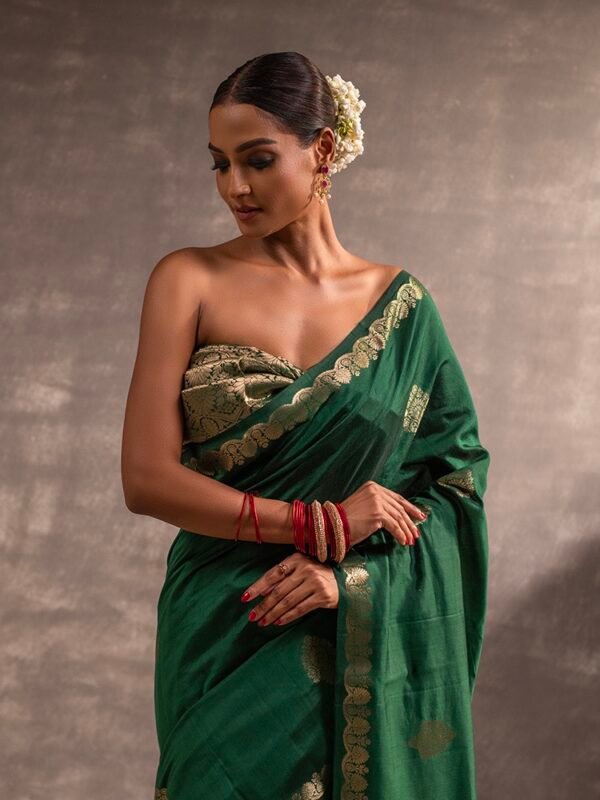 Bottle Green Banarasi Chiniya Silk Saree - Image 2