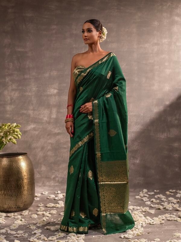 Bottle Green Banarasi Chiniya Silk Saree - Image 3