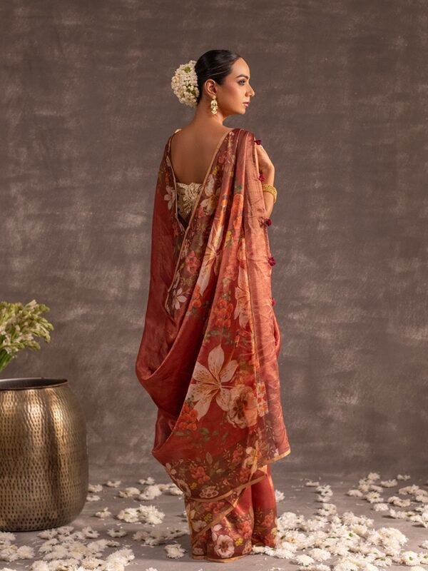 Brown Linen Silk Tissue Digital Print Saree - Image 4