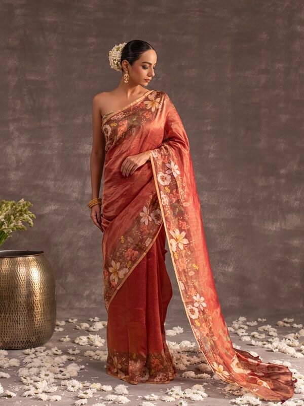 Brown Linen Silk Tissue Digital Print Saree