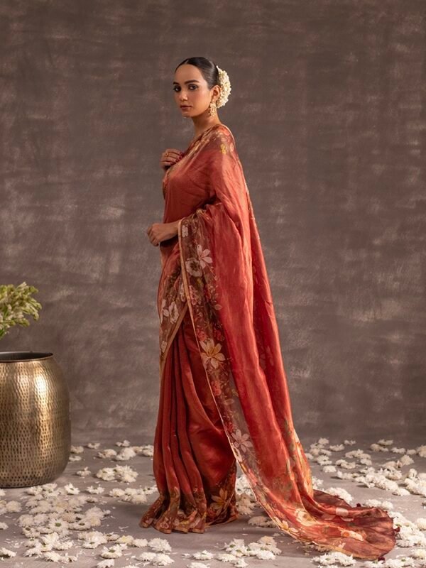 Brown Linen Silk Tissue Digital Print Saree - Image 3