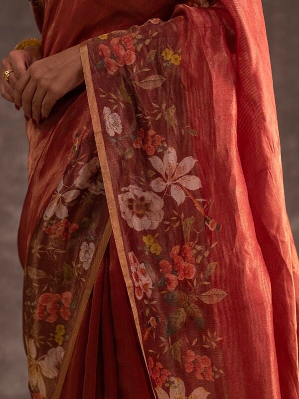 Brown Linen Silk Tissue Digital Print Saree - Image 5
