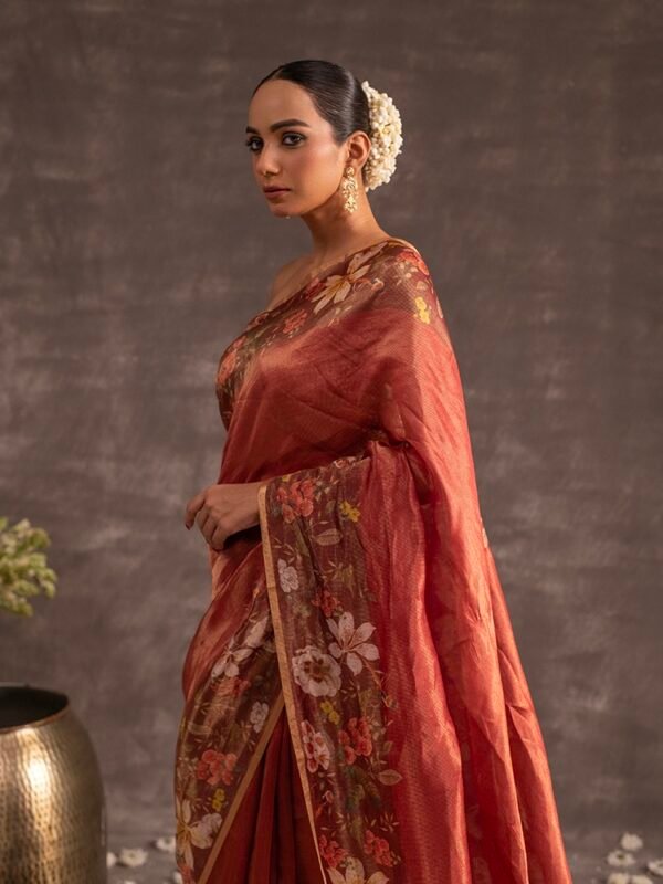Brown Linen Silk Tissue Digital Print Saree - Image 2