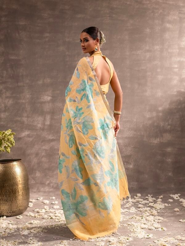 Yellow Floral Digital Print Linen Saree - Image 2