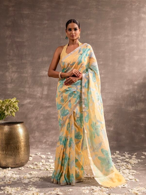 Yellow Floral Digital Print Linen Saree