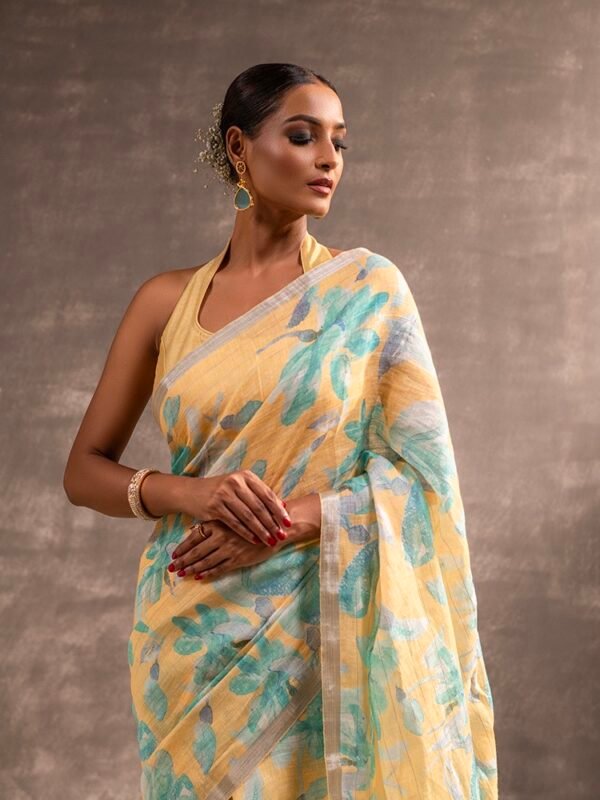 Yellow Floral Digital Print Linen Saree - Image 3