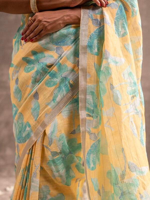 Yellow Floral Digital Print Linen Saree - Image 4