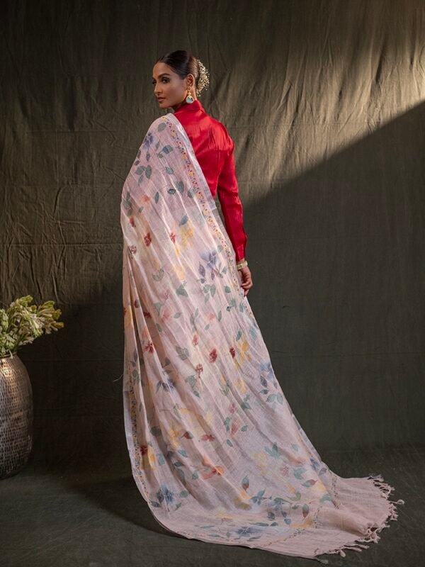 Peach Floral Digital Print Linen Saree - Image 3