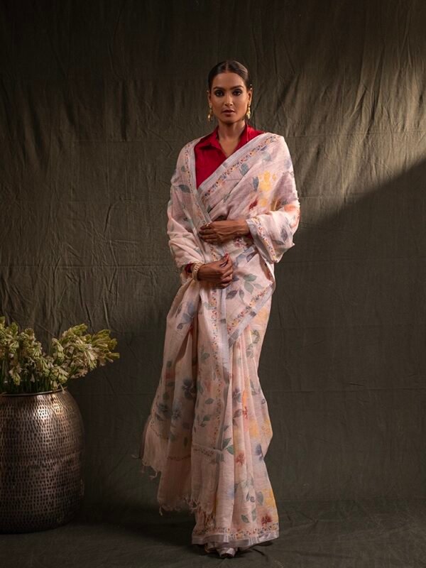 Peach Floral Digital Print Linen Saree