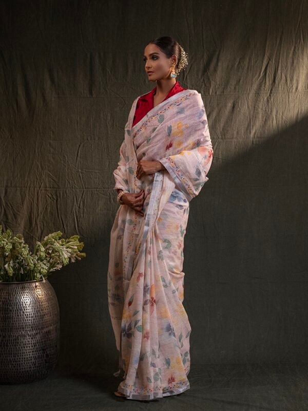 Peach Floral Digital Print Linen Saree - Image 2